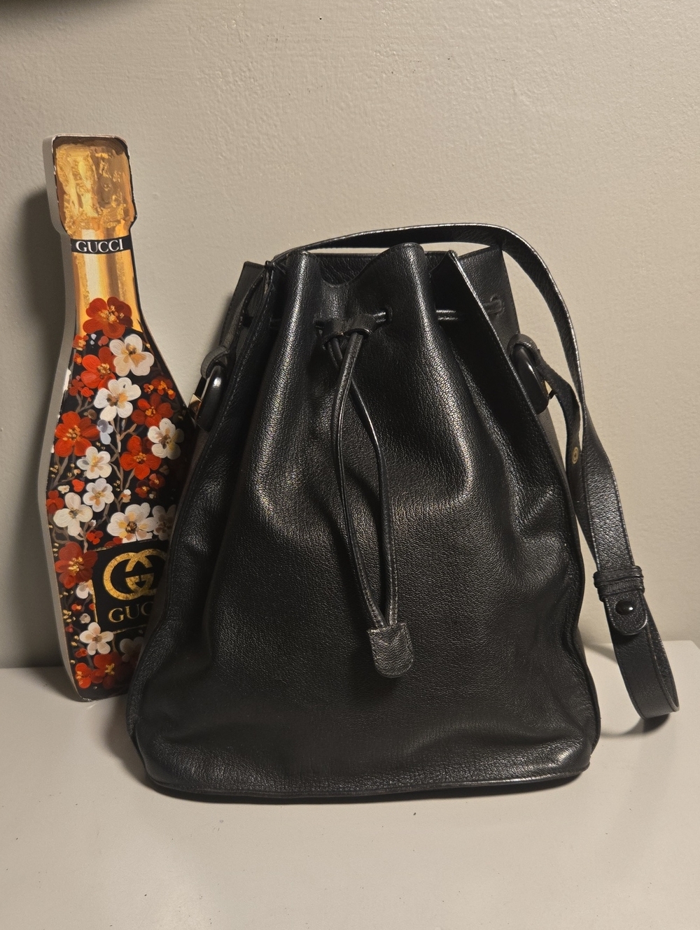 Gucci Black Leather Drawstring Bucket Bag
